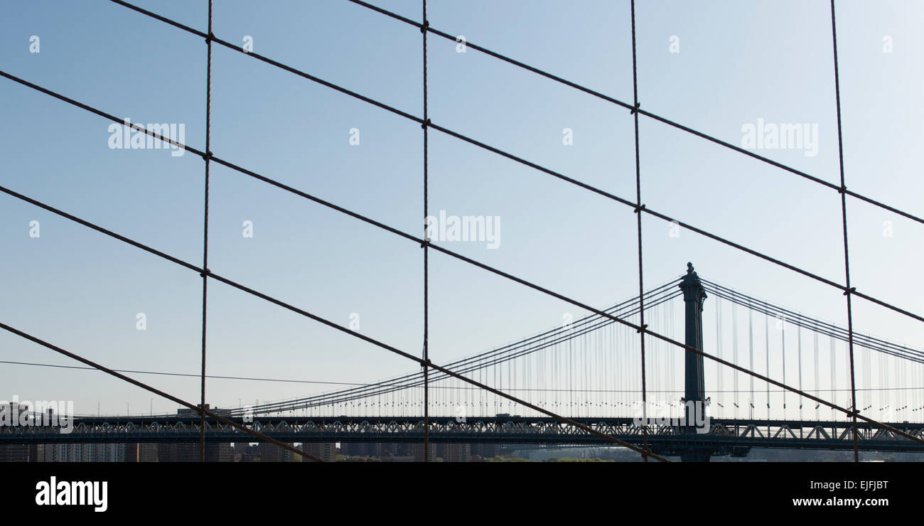 Vista del Manhattan Bridge, Fulton Ferry District di New York City, nello Stato di New York, Stati Uniti d'America Foto Stock