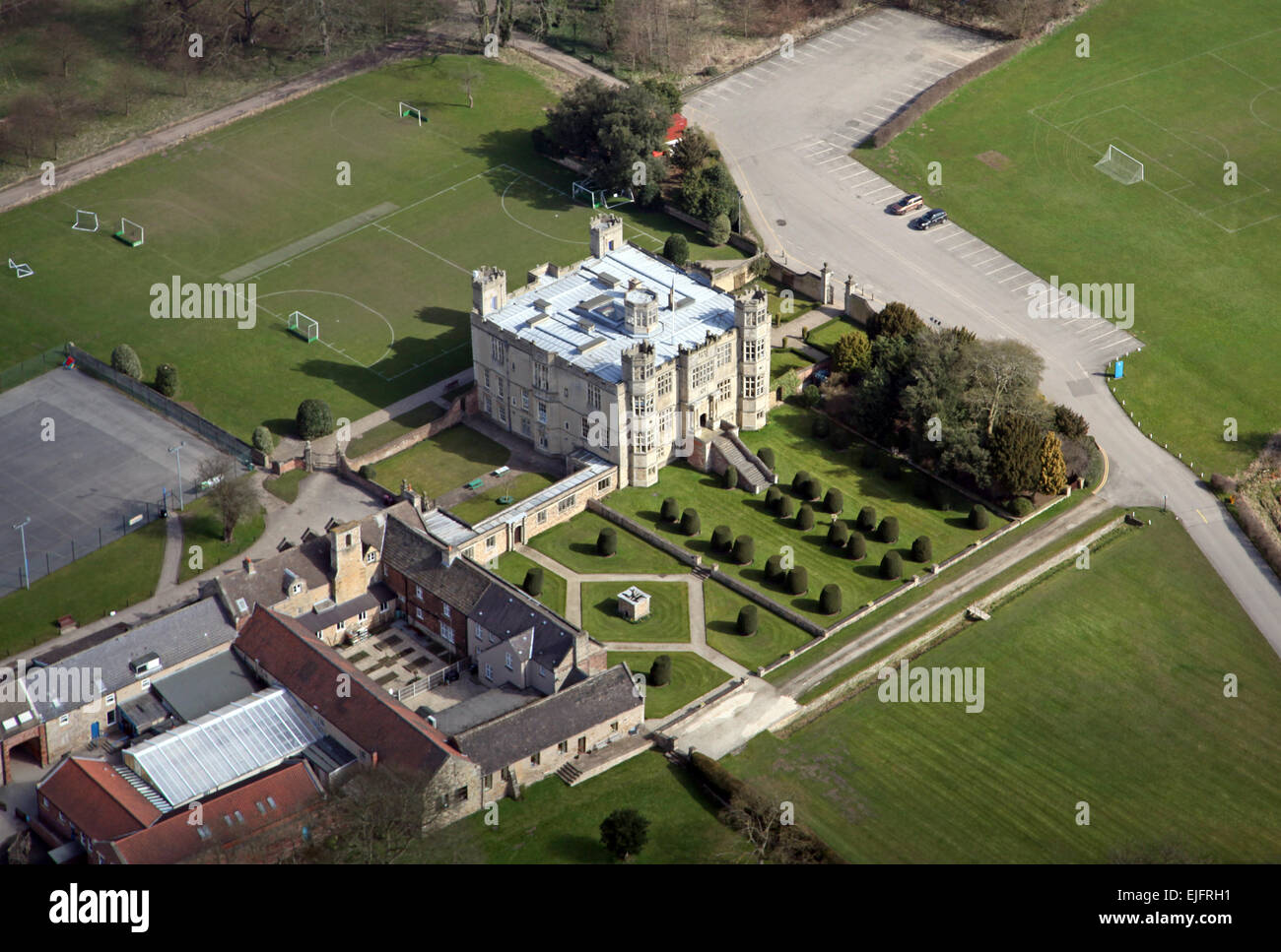 Vista aerea a Barlborough Hall, una scuola privata vicino a Chesterfield, Regno Unito Foto Stock