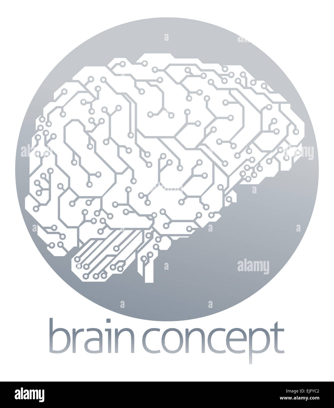 Una illustrazione di un circuito elettrico di bordo del cervello in profilo, intelligenza artificiale scienza circle concept design Foto Stock