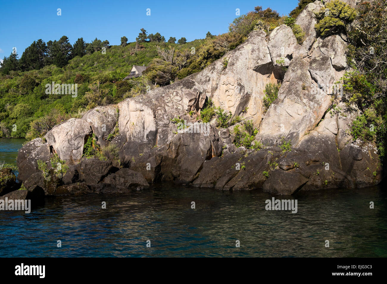 Maori incisioni rupestri visto da una barca a vela, Barberia, sul Lago Taupo, Nuova Zelanda. Foto Stock