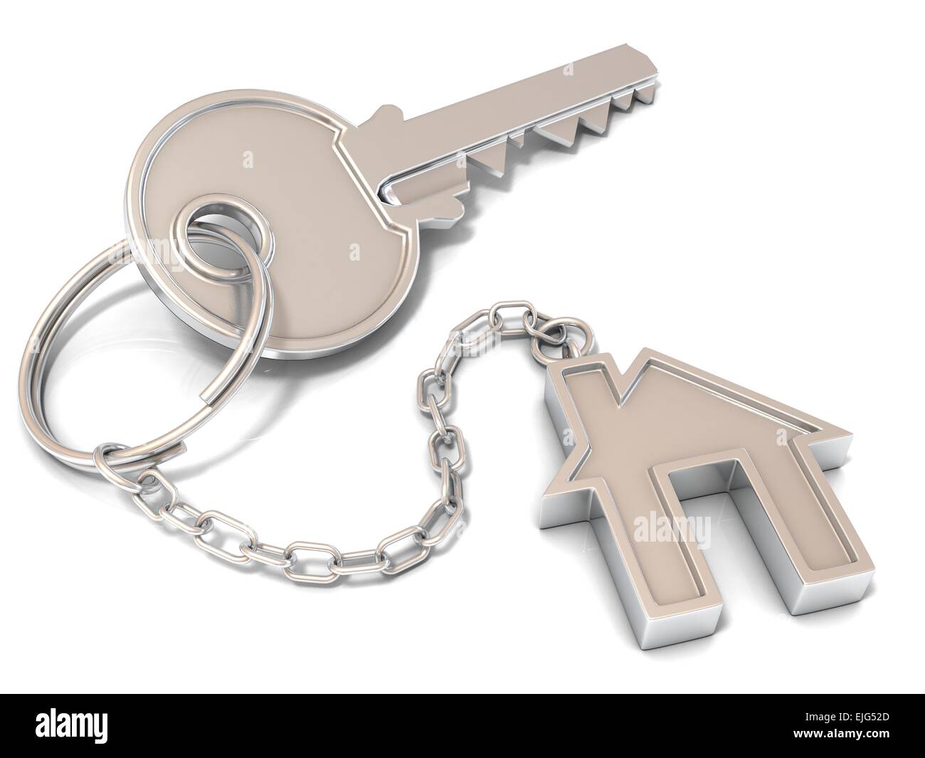 Casa la chiave della porta di casa e chiave a catena su sfondo bianco Foto Stock