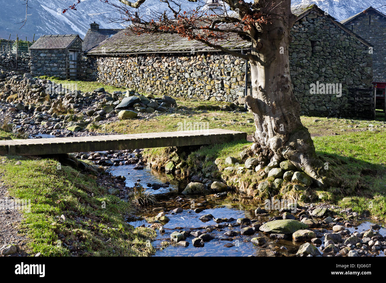Sgabello fine farm at great Langdale valley testa in inverno Parco Nazionale del Distretto dei Laghi Cumbria Inghilterra England Regno Unito Foto Stock