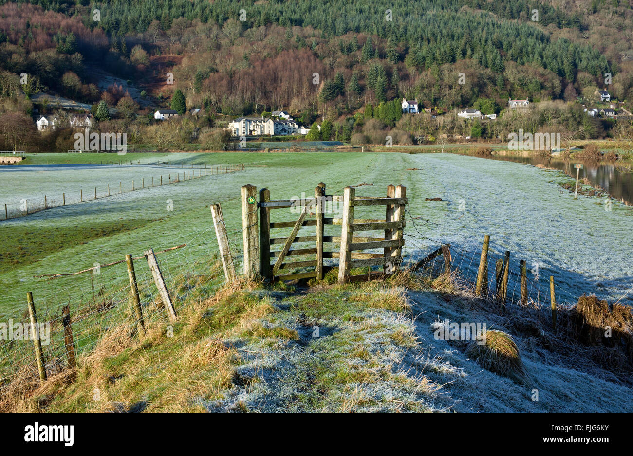 Stile e cancello su Flood Barrier un itinerario a piedi vicino Trefriw nel Conwy Valley su un inverni giorno in Snowdonia Foto Stock