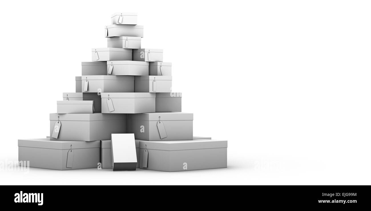 Pila di scatole di scarpe su sfondo bianco Foto Stock