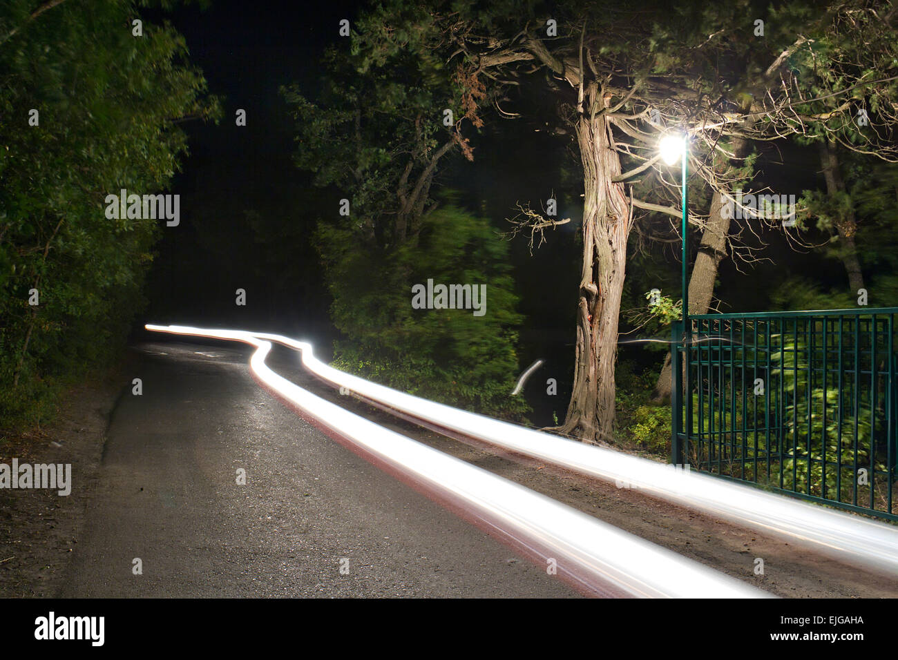 Tracce di fari sulla strada di notte Foto Stock