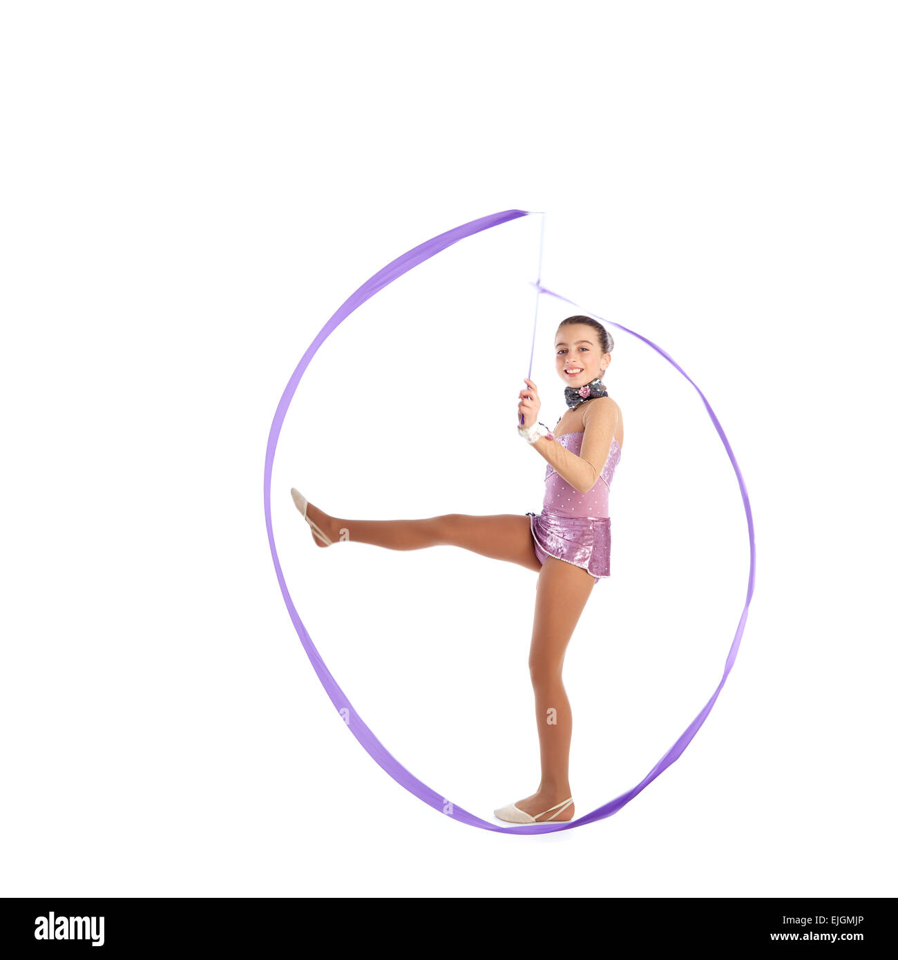 Kid girl nastro ginnastica ritmica esercizio su sfondo bianco Foto Stock