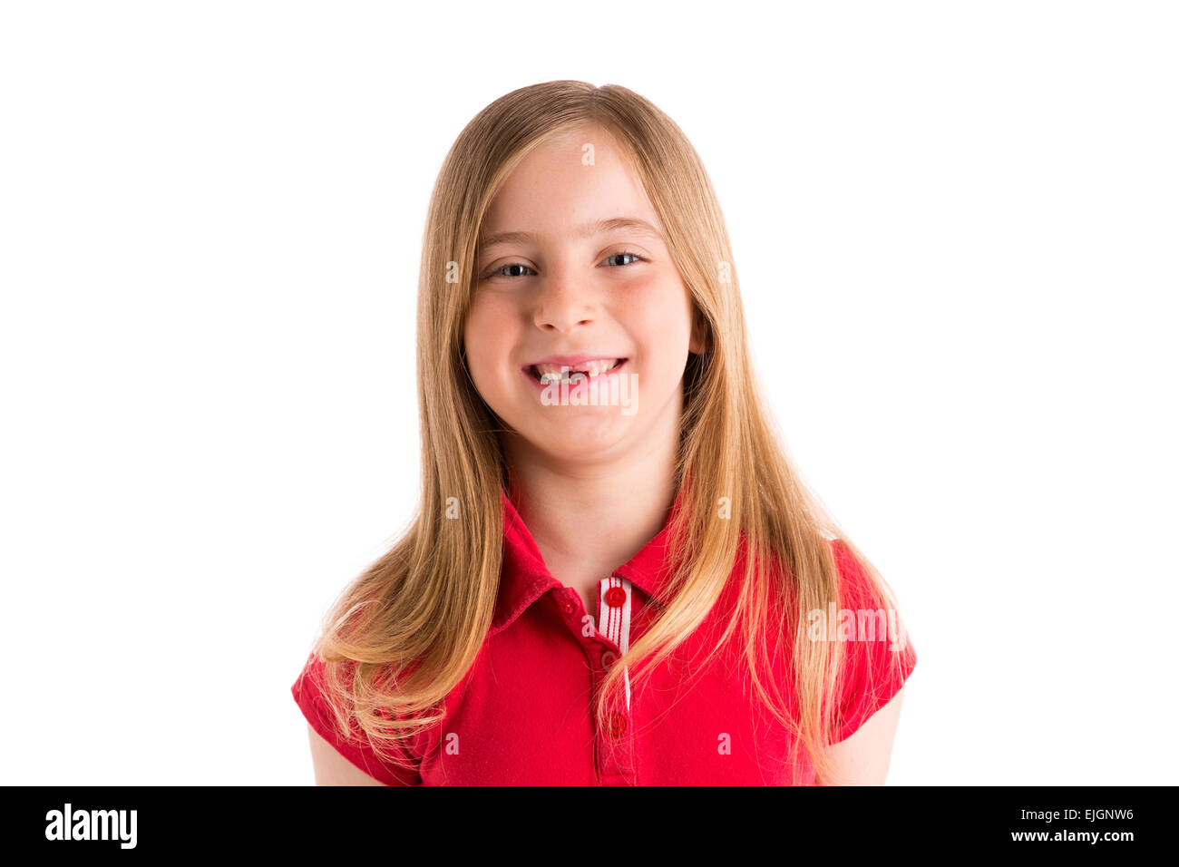 Blonde frastagliata ragazza sorridente gesto di espressione in uno sfondo bianco Foto Stock