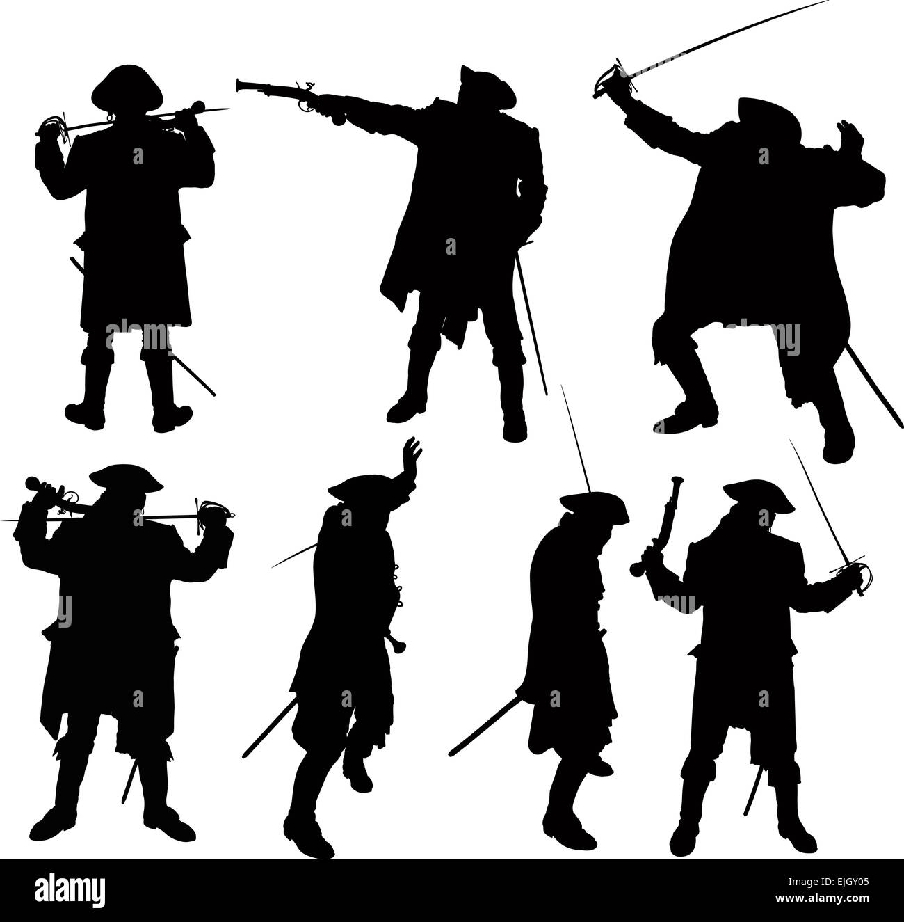 Sette sagome di pirata con spada e pistola di cardigan e hat Foto Stock