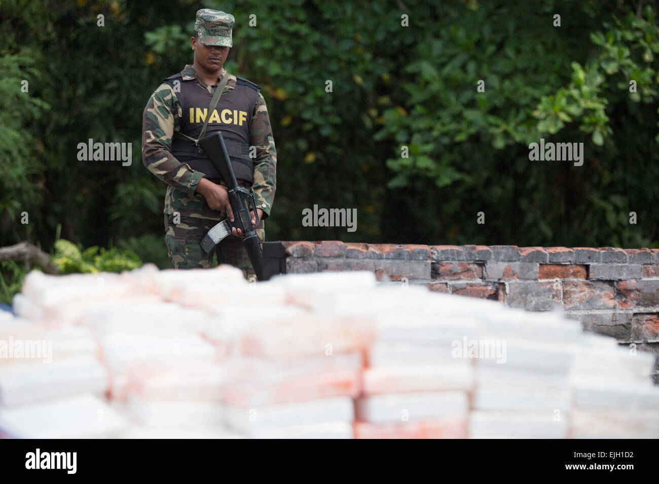 Santo Domingo, Repubblica Dominicana. 26 Mar, 2015. Un membro dell'Istituto Nazionale di Scienze Forensi (INACIF, per il suo acronimo in spagnolo) Sta di guardia durante il farmaco incenerimento presso lo stabilimento della prima della brigata di fanteria dell esercito dominicano, in Santo Domingo, Repubblica Dominicana, il 26 marzo 2015. I farmaci e sostanze controllate avevano un peso totale di 696.707 kg, di cui 664.873kg erano cocaina idrocloruro, secondo una relazione ufficiale. © Fran Afonso/Xinhua/Alamy Live News Foto Stock
