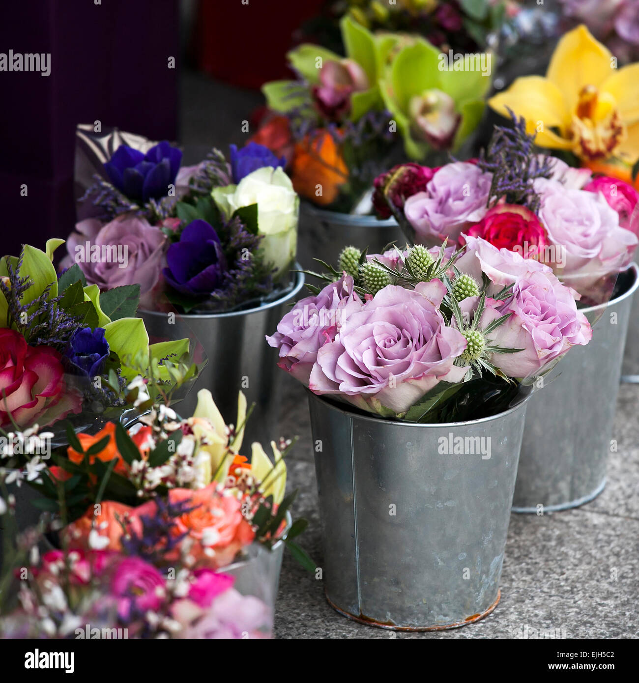 Bouquet di coloratissimi fiori di primavera. tulip, Ranunculus, giacinto, Daisy, anemone. Foto Stock