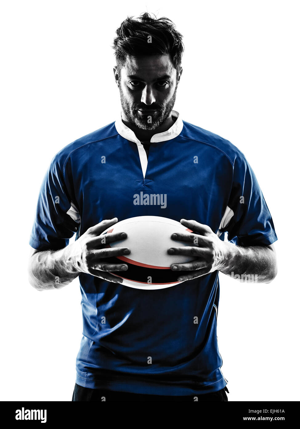 Un caucasian rugby man player in studio silhouette isolati su sfondo bianco Foto Stock