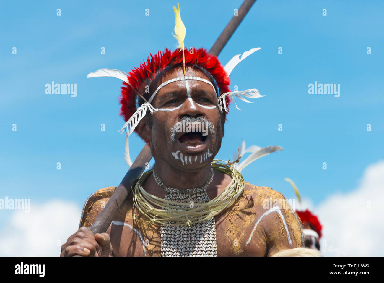 Dani uomo che porta lancia presso Il Baliem Valley Festival, Wamena, Papua, Indonesia Foto Stock