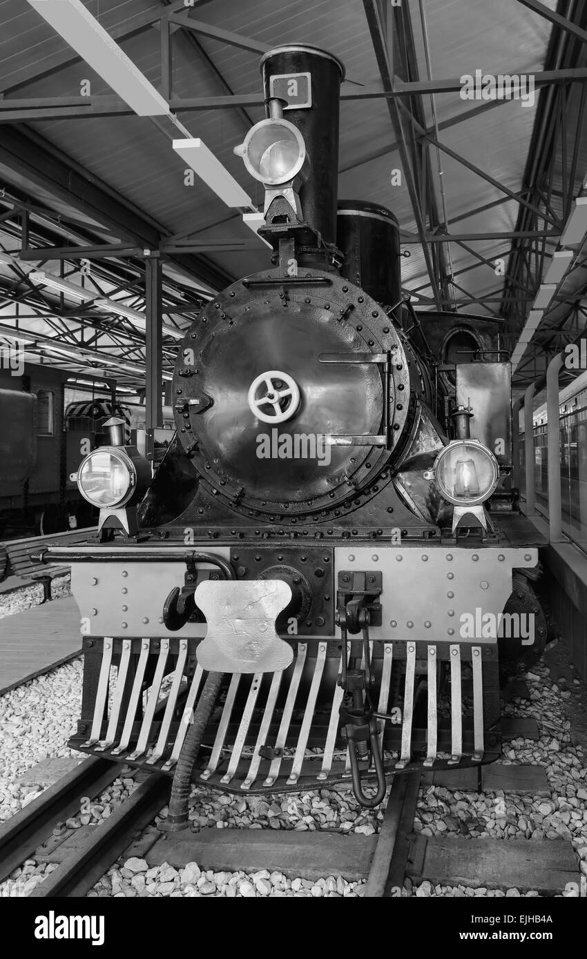 Vecchia locomotiva a vapore foto in bianco e nero Foto Stock