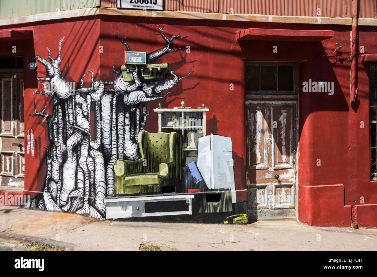L'arte al muro in Valparaiso, Cile Foto Stock