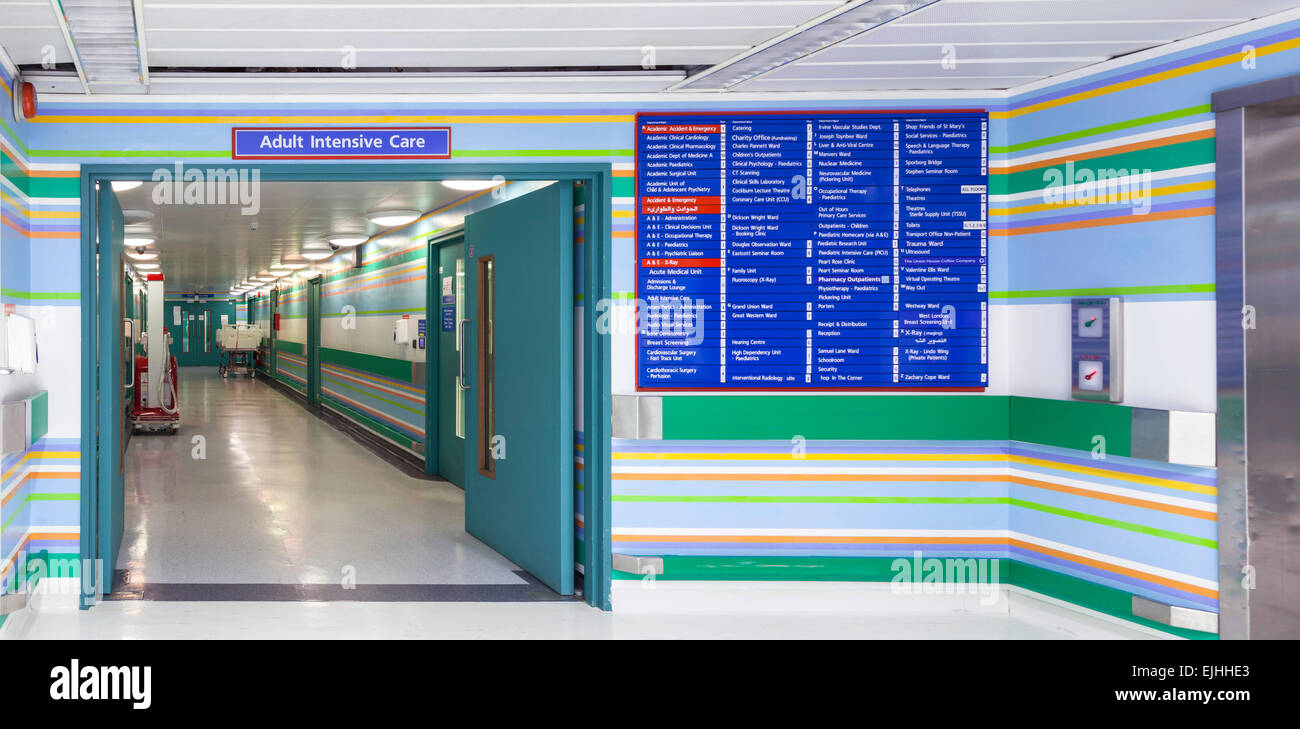 Nono piano vista attraverso le porte. St Mary s Hospital di Londra, Regno Unito. Architetto: Bridget Riley, 2014. Foto Stock