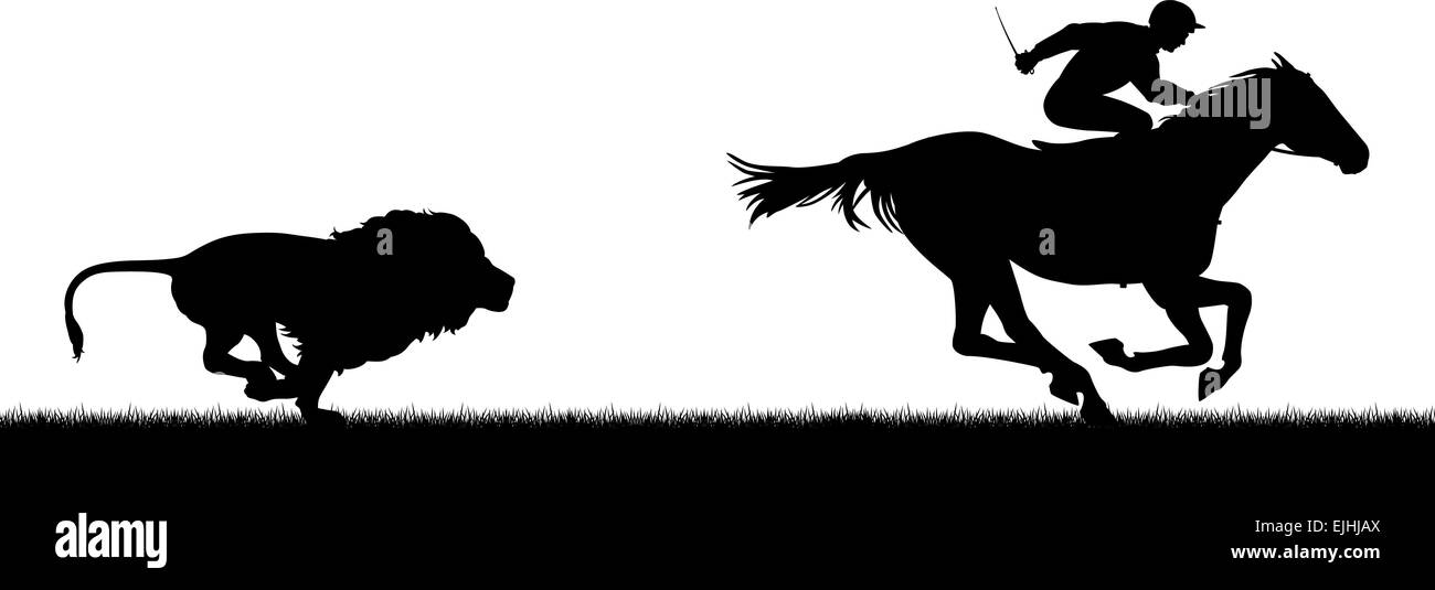 EPS8 modificabile illustrazione vettoriale di un maschio di leone a caccia di un cavallo e fantino con tutti i dati come oggetti separati Illustrazione Vettoriale