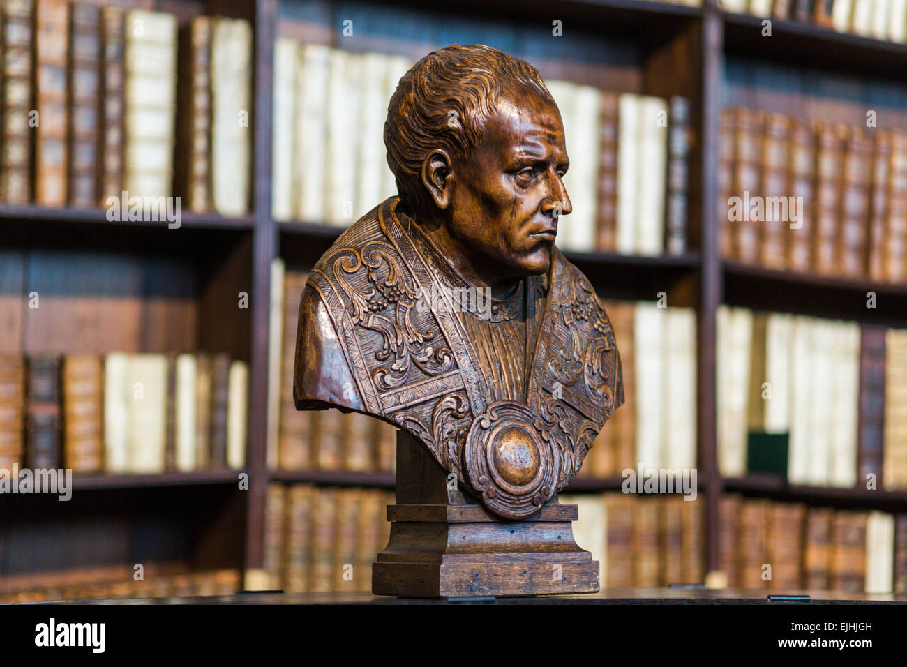 Biblioteca, busti scolpiti e libri antichi, Museo Plantin-Moretus, Anversa, Belgio Foto Stock