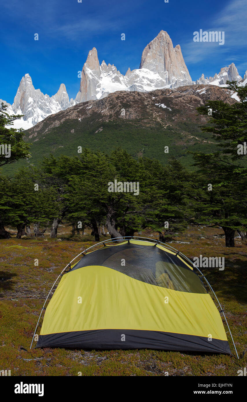 Il monte Fitz Roy da campeggio Poincenot. Parco nazionale Los Glaciares. Argentina Foto Stock