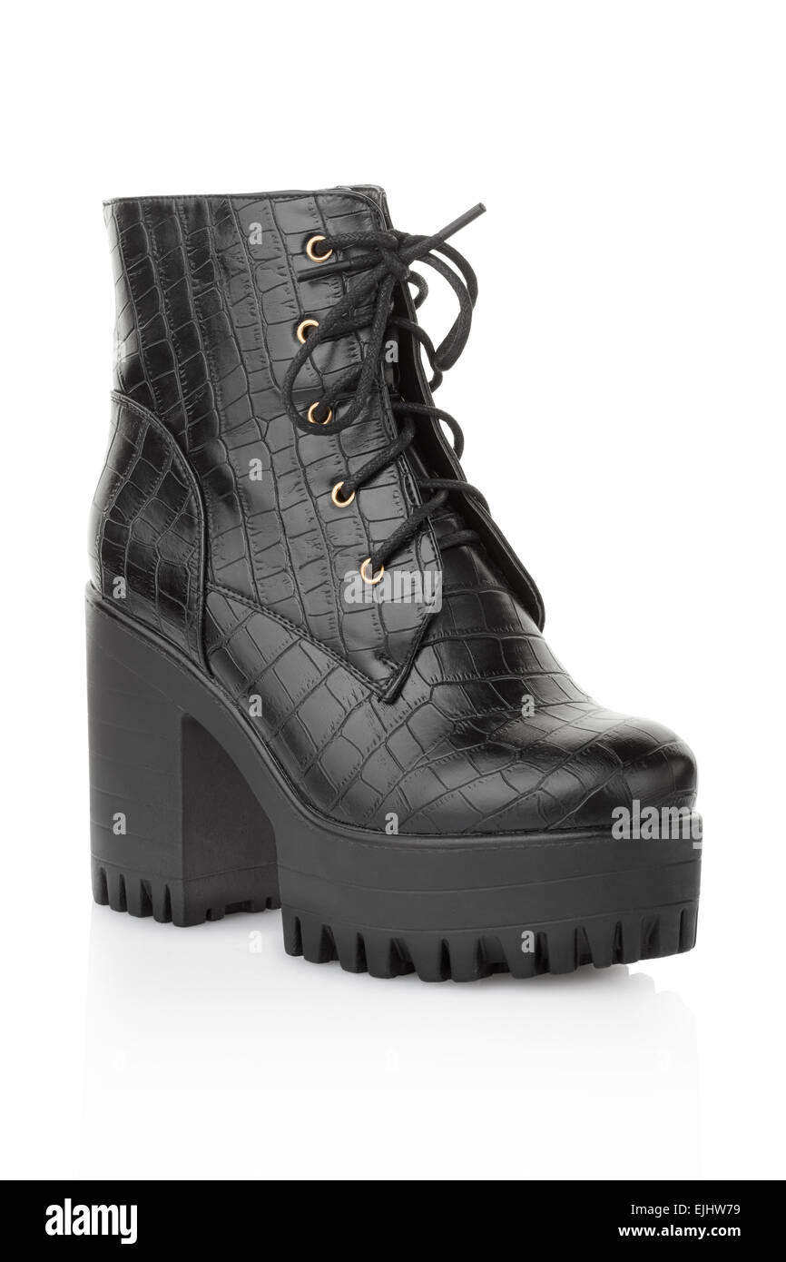 Nero tacco alto di avvio di coccodrillo per donna Foto Stock
