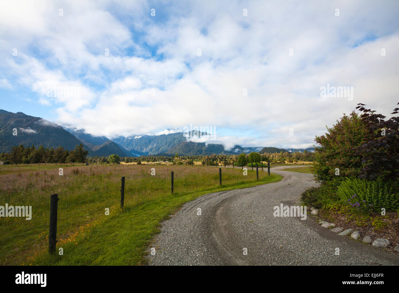 Strada per il Ghiacciaio Franz Josef e montagne, Westland Tai Poutini National Park, Isola del Sud, Nuova Zelanda Foto Stock