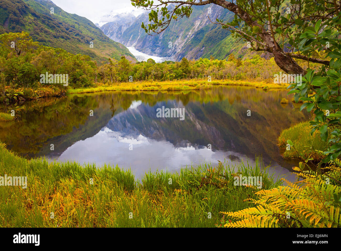 Effetto pittorica di vista dalla piscina Peters del Ghiacciaio Franz Josef e la foresta pluviale, Westland Tai Poutini National Park in Nuova Zelanda Foto Stock
