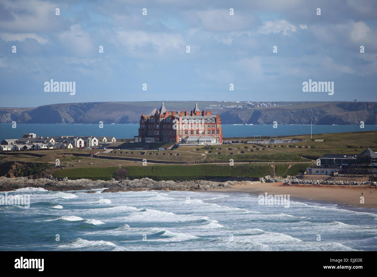 Vista l'Atlantic Hotel a Newquay, Cornwall, Regno Unito su Marzo 25th, 2015. Foto Stock