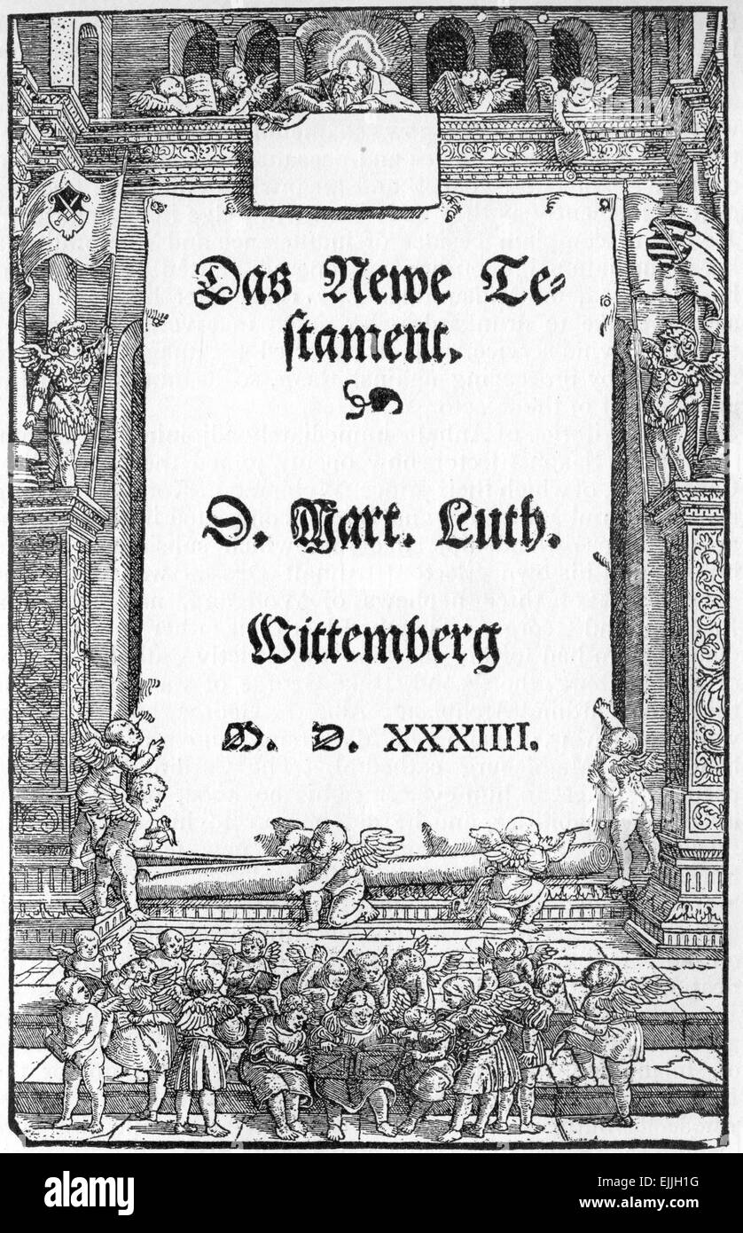 Pagina titolo tedesco del Nuovo Testamento 1534, da una incisione pubblicato nella vita di Lutero da Julius Kostlin, 1900 Foto Stock