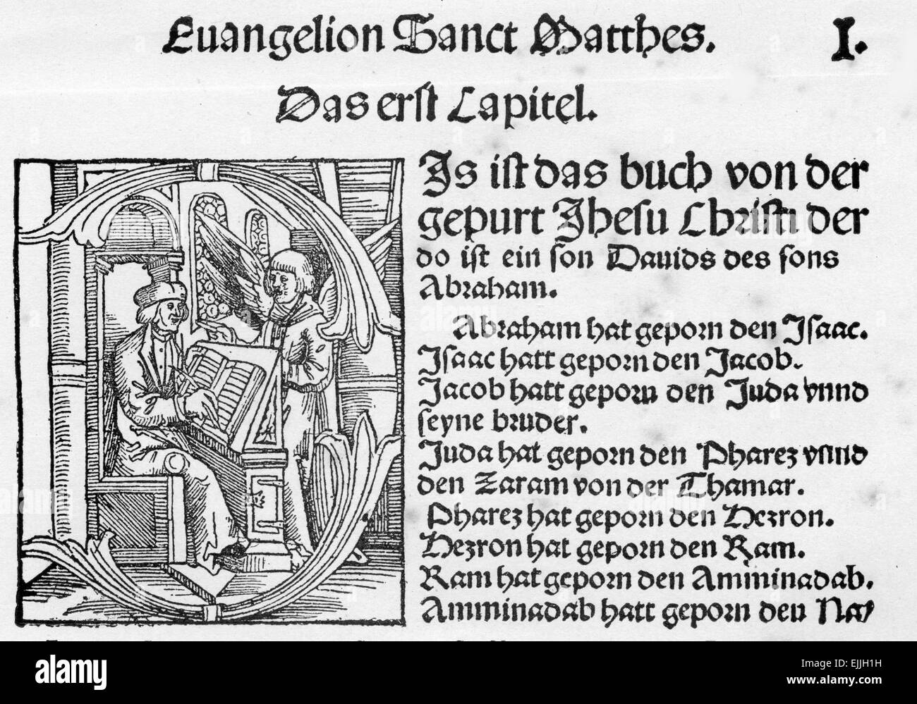 Inizio del vangelo di Matteo a Lutero 1522 Traduzione in tedesco del Nuovo Testamento Foto Stock