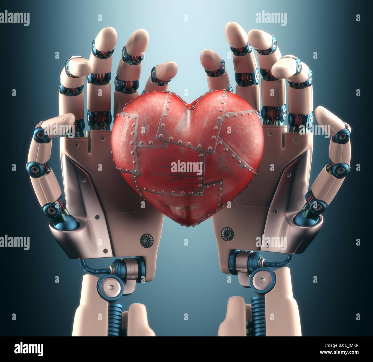 Robotico mani azienda red metal heart, illustrazione del computer. Foto Stock