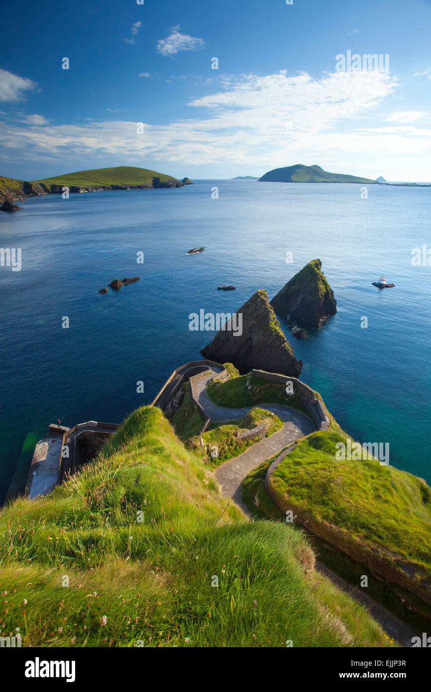 Strada scendendo a Dunquin Harbour, con grande Blasket Island in distanza. Penisola di Dingle, nella contea di Kerry, Irlanda. Foto Stock