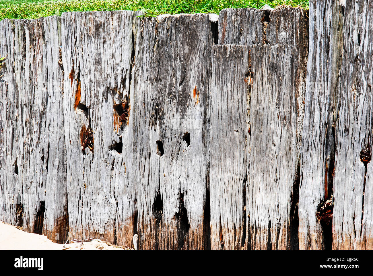 Una piccola parete di ritegno di weathered e marciume legnami in una spiaggia Foto Stock