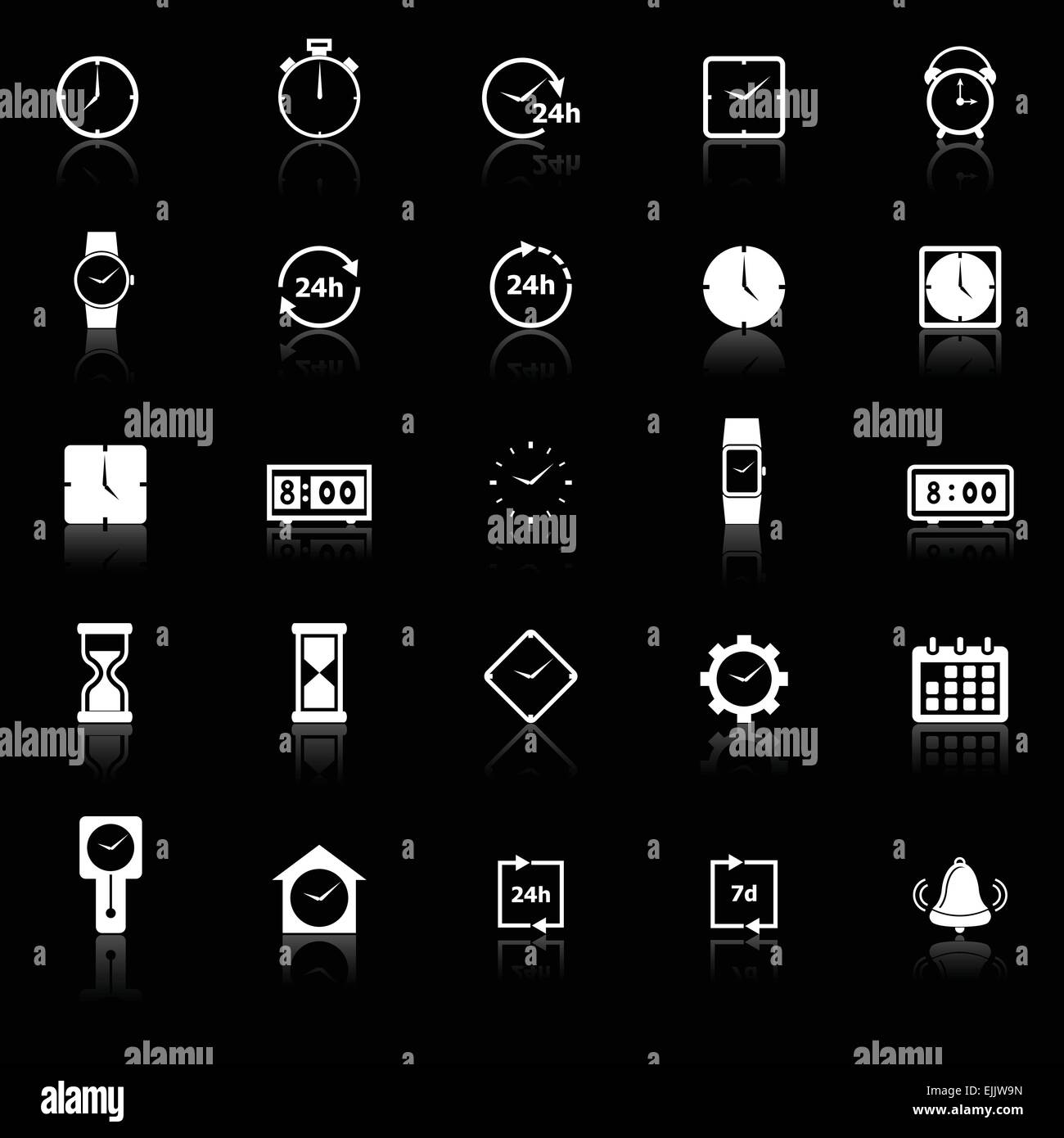 Le icone del tempo a riflettere su sfondo nero, vettore di stock Illustrazione Vettoriale