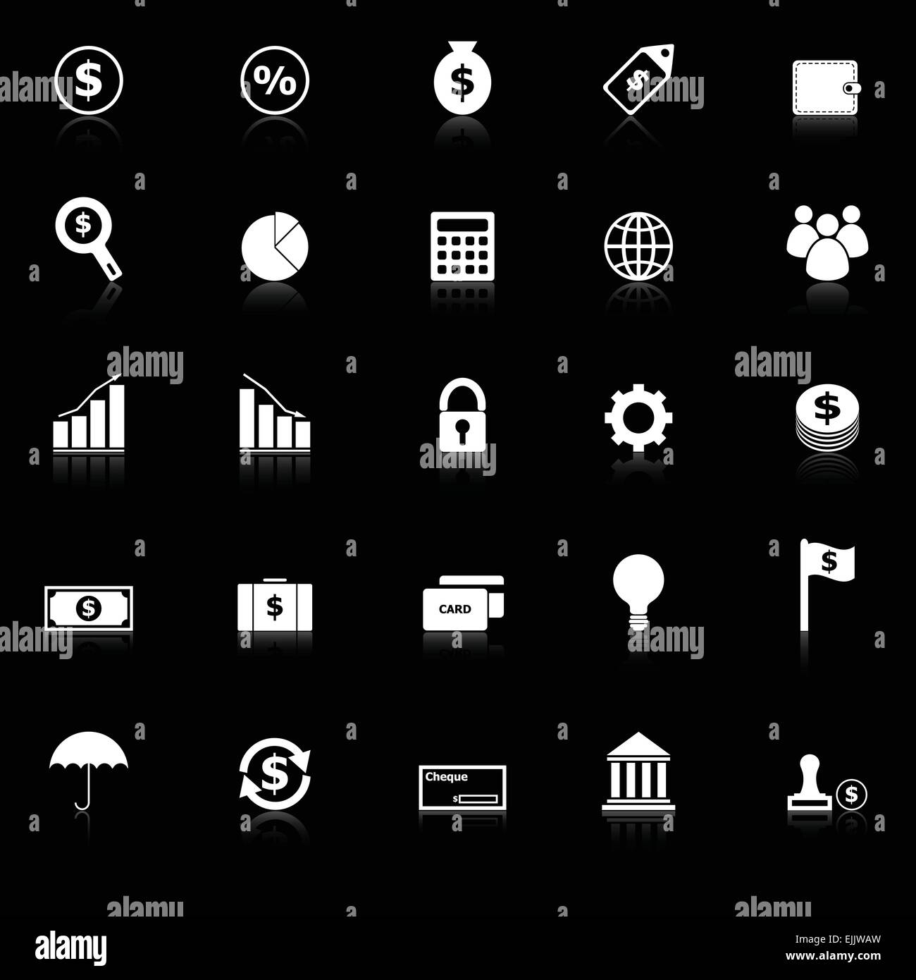 Finanziare le icone con il riflettere su sfondo nero, vettore di stock Illustrazione Vettoriale