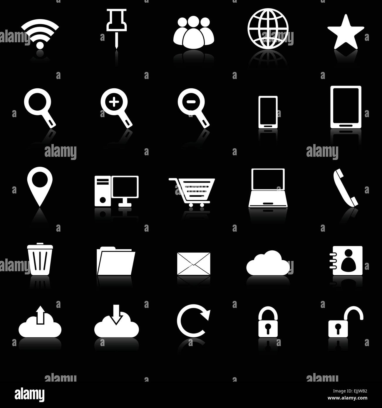 Le icone di Internet con riflettere su sfondo nero, vettore di stock Illustrazione Vettoriale