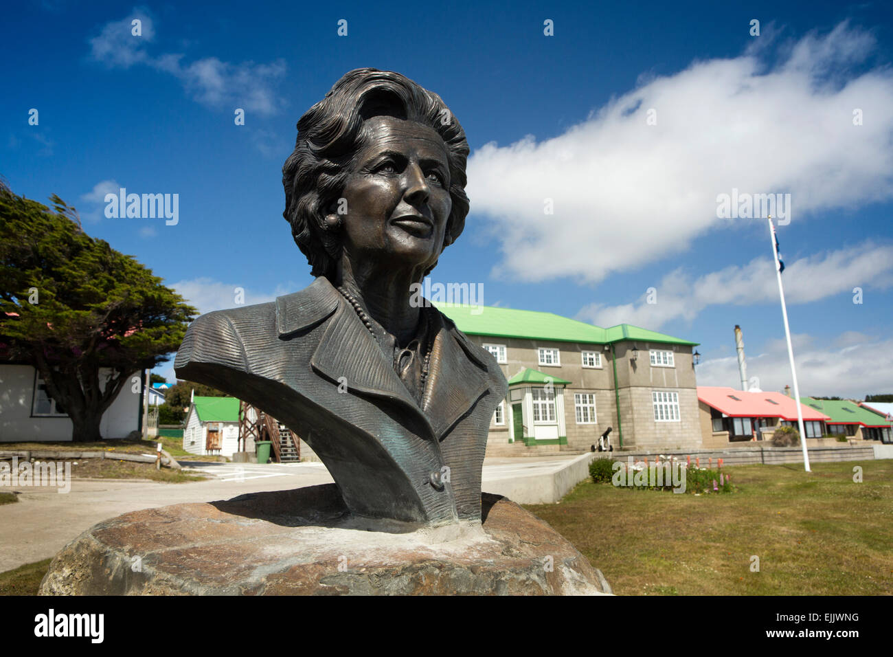 Falkland Port Stanley, Isole Falkland, Margaret Thatcher busto in bronzo Foto Stock