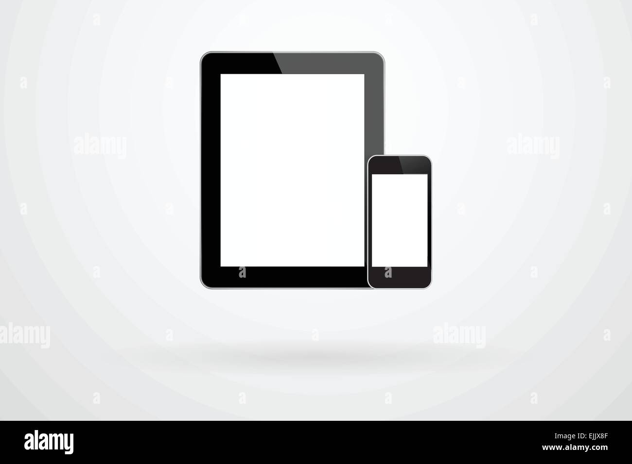 Black tablet e smartphone gadget sullo sfondo con ombra Illustrazione Vettoriale