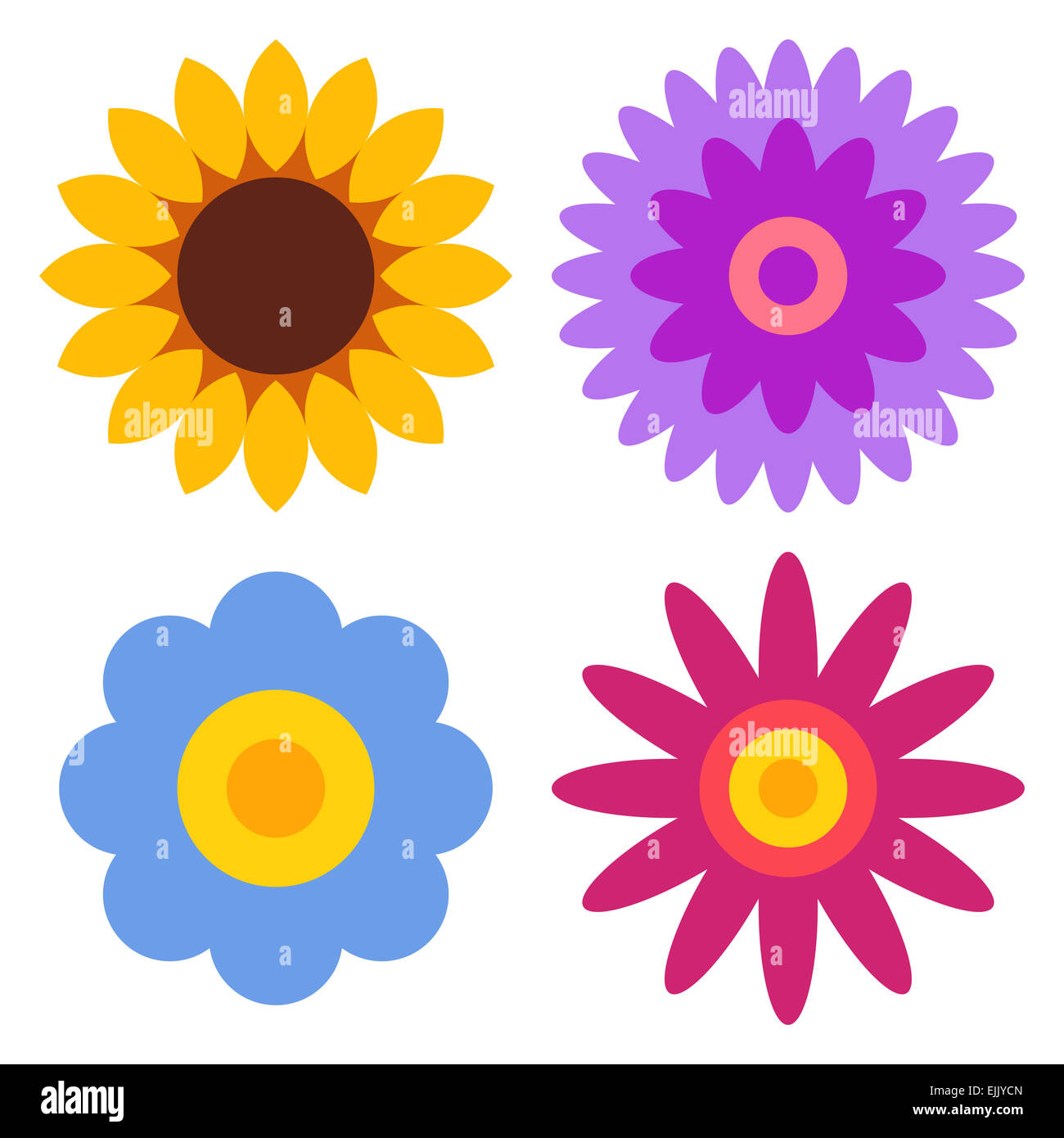 Flower icon set - Girasole, crisantemo, Daisy e gerber isolati su sfondo bianco Foto Stock