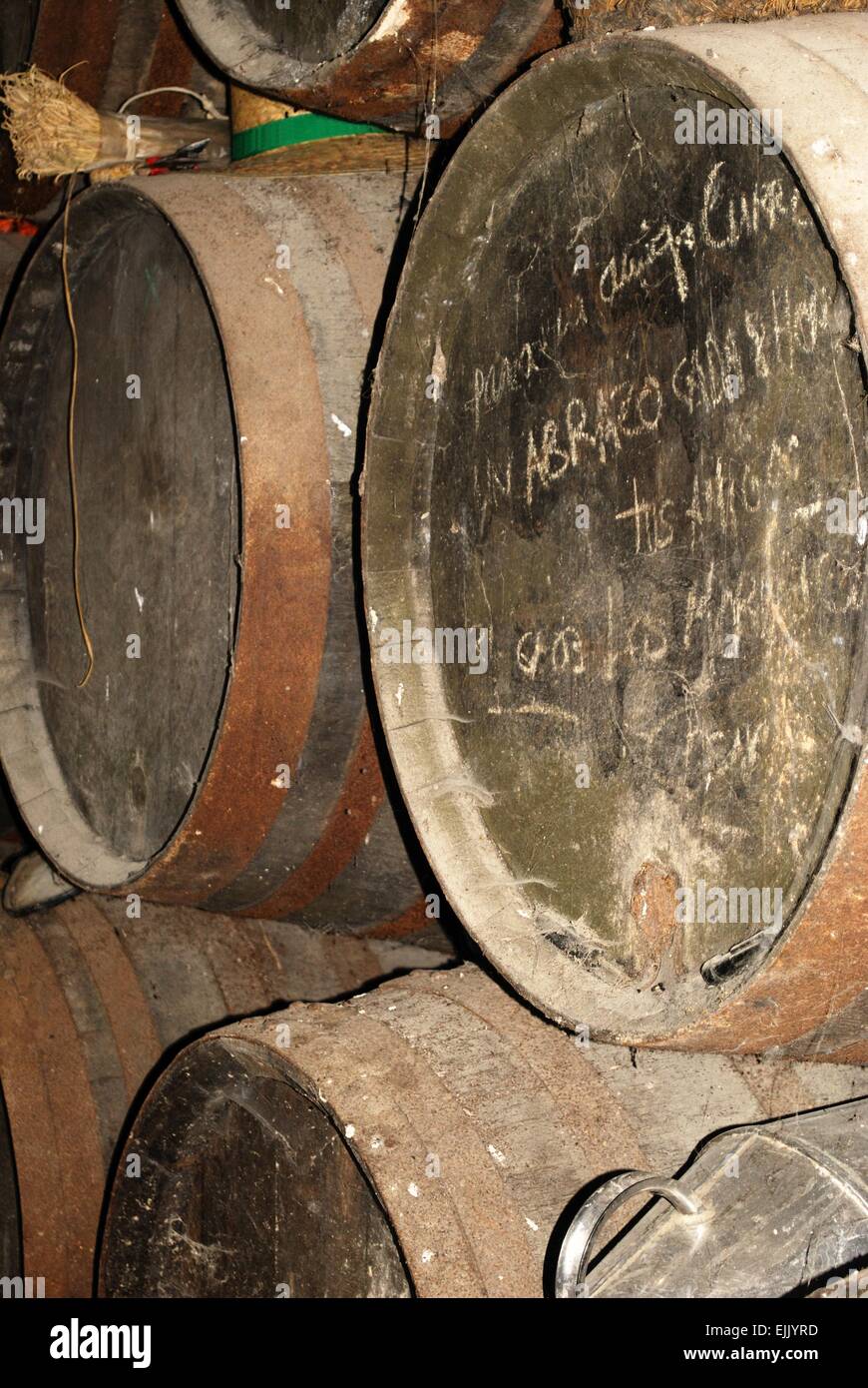 Sherry in legno di rovere in una bodega tra Rota e Jerez de la Frontera, la provincia di Cadiz Cadice, Andalusia, Spagna, Europa occidentale. Foto Stock