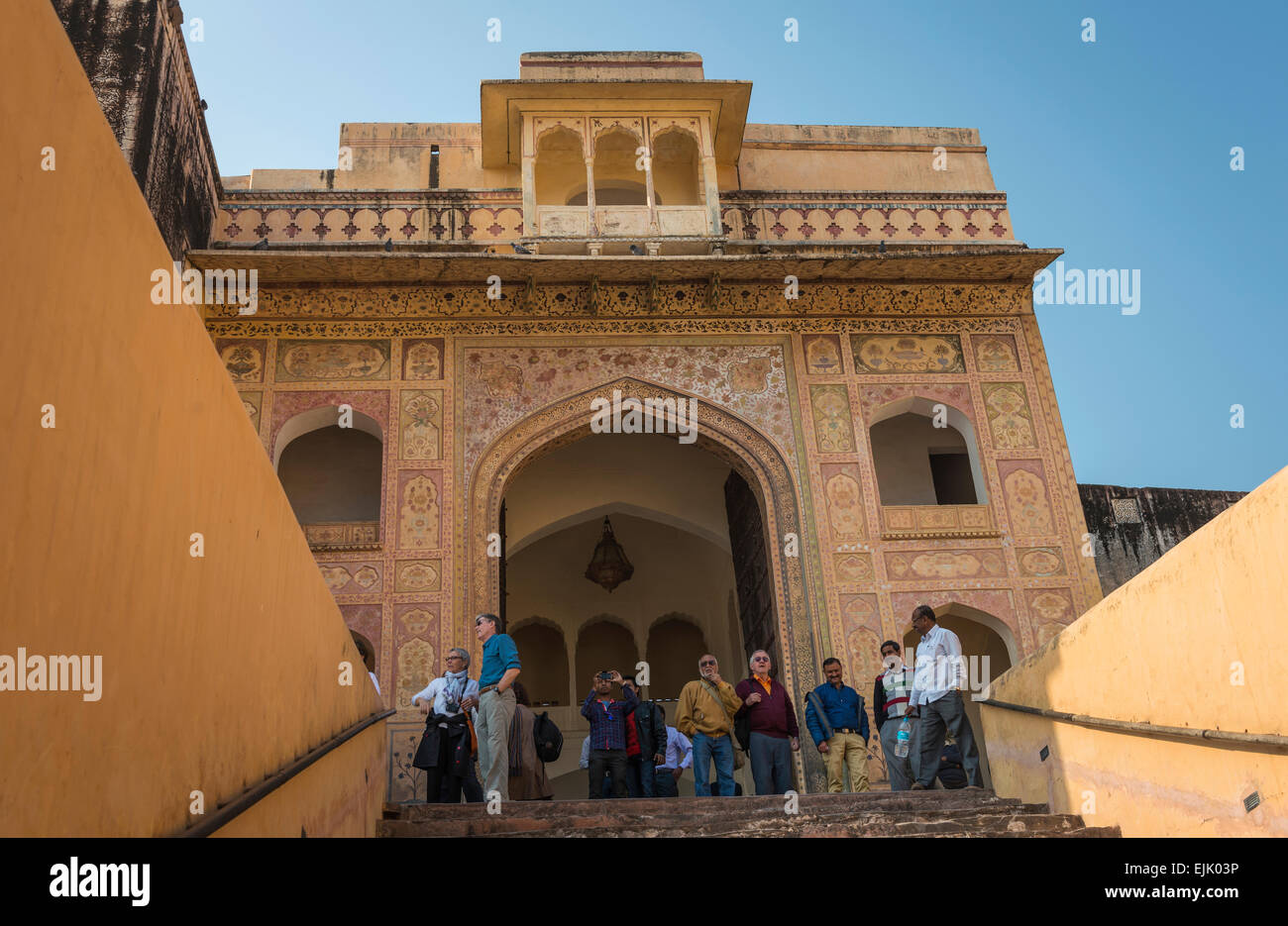 Ornano la decorazione e gli affreschi all'interno di Forte Amber vicino a Jaipur, Rajasthan, India Foto Stock