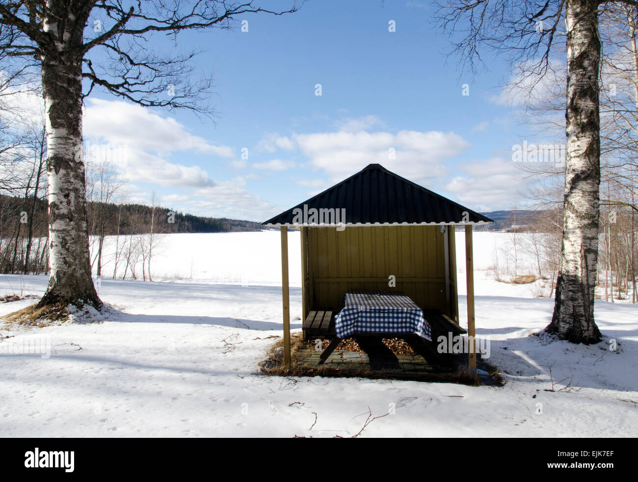 Luogo di riposo con panche e tavolo vicino la riva del mare una giornata invernale nel nord della Svezia. Foto Stock