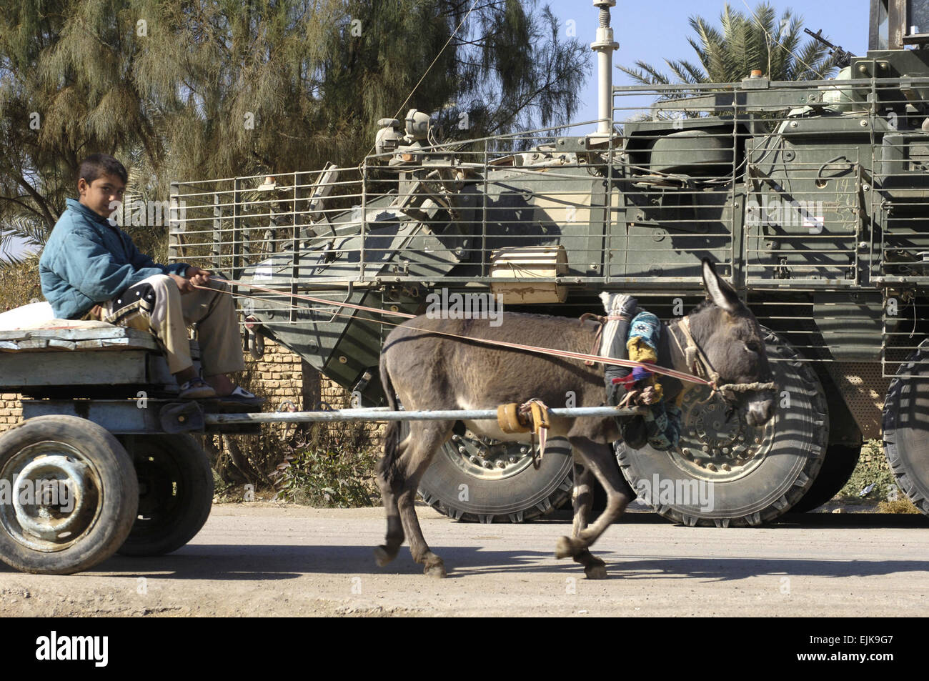 Un bambino iracheno aziona un asino kart passato un U.S. Army Stryker veicolo da combattimento dal Foxtrot Company, 52nd Reggimento di Fanteria, quarto Stryker Brigade Combat Team, seconda divisione di fanteria durante una pattuglia in Baqubah, Iraq, nov. 24, 2007. Il personale Sgt. Jason Robertson Foto Stock
