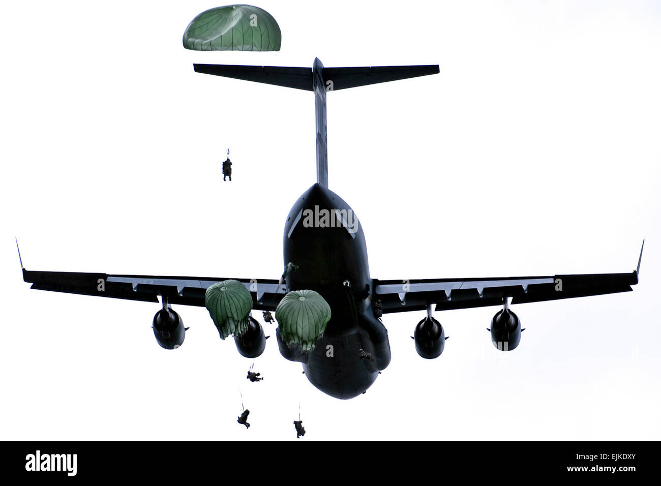 Paracadutisti saltare da una C-17 Globemaster III oltre malamute nella zona di caduta, martedì 4 giugno, 2013, a base comune Elmendorf-Richardson durante la quarta brigata Team di combattimento aereo, XXV divisione di fanteria del funzionamento Spartan raggiungere una massa tactical airborne evento di formazione in Alaska da lunedì a mercoledì. Questo è il più grande airborne missione di formazione nella storia della Brigata Spartan, far cadere più di 1.400 paracadutisti, in aggiunta alle attrezzature pesanti compresi due 105 mm obici al Donnelly Drop Zone vicino a Fort Greely e JBER's Malamute Drop Zone utilizzando cinque C-17 Globemaster III Foto Stock