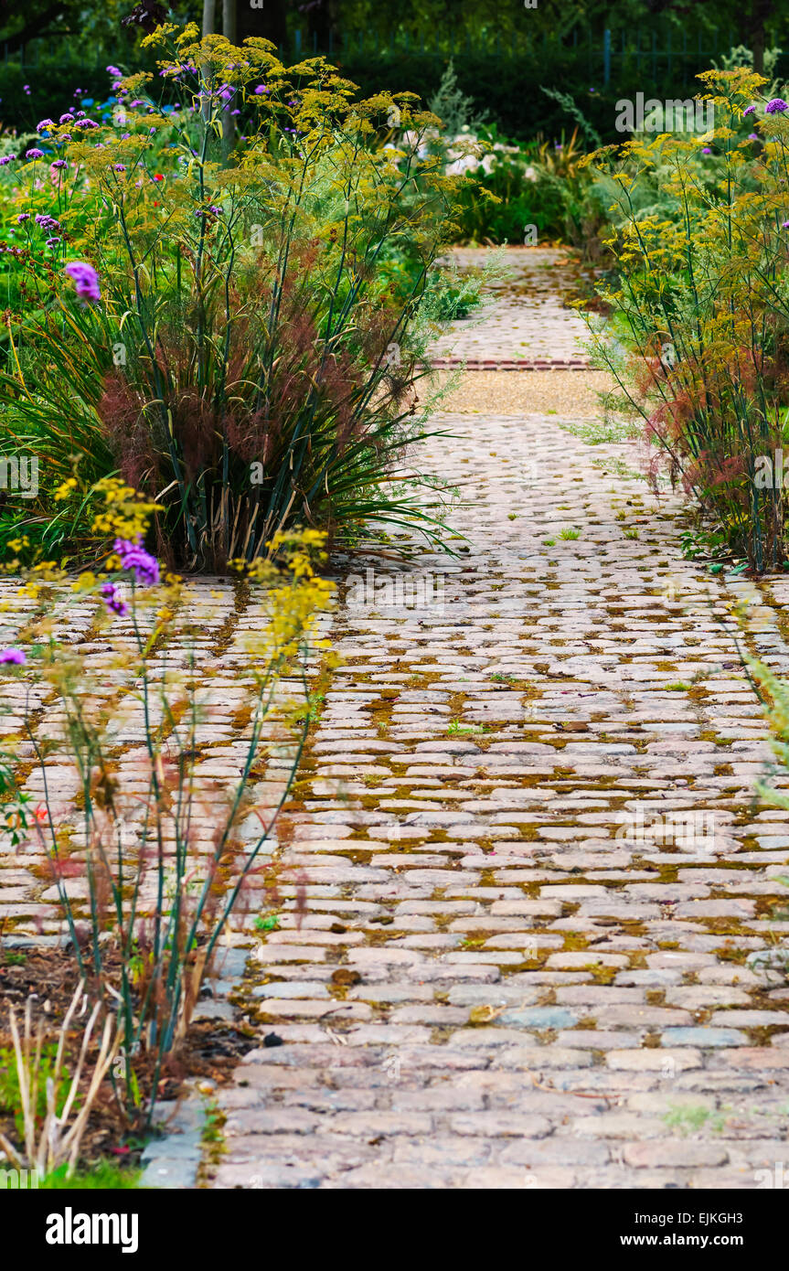 Inglese fiori e fogliame garden e il sentiero a piedi modo Foto Stock