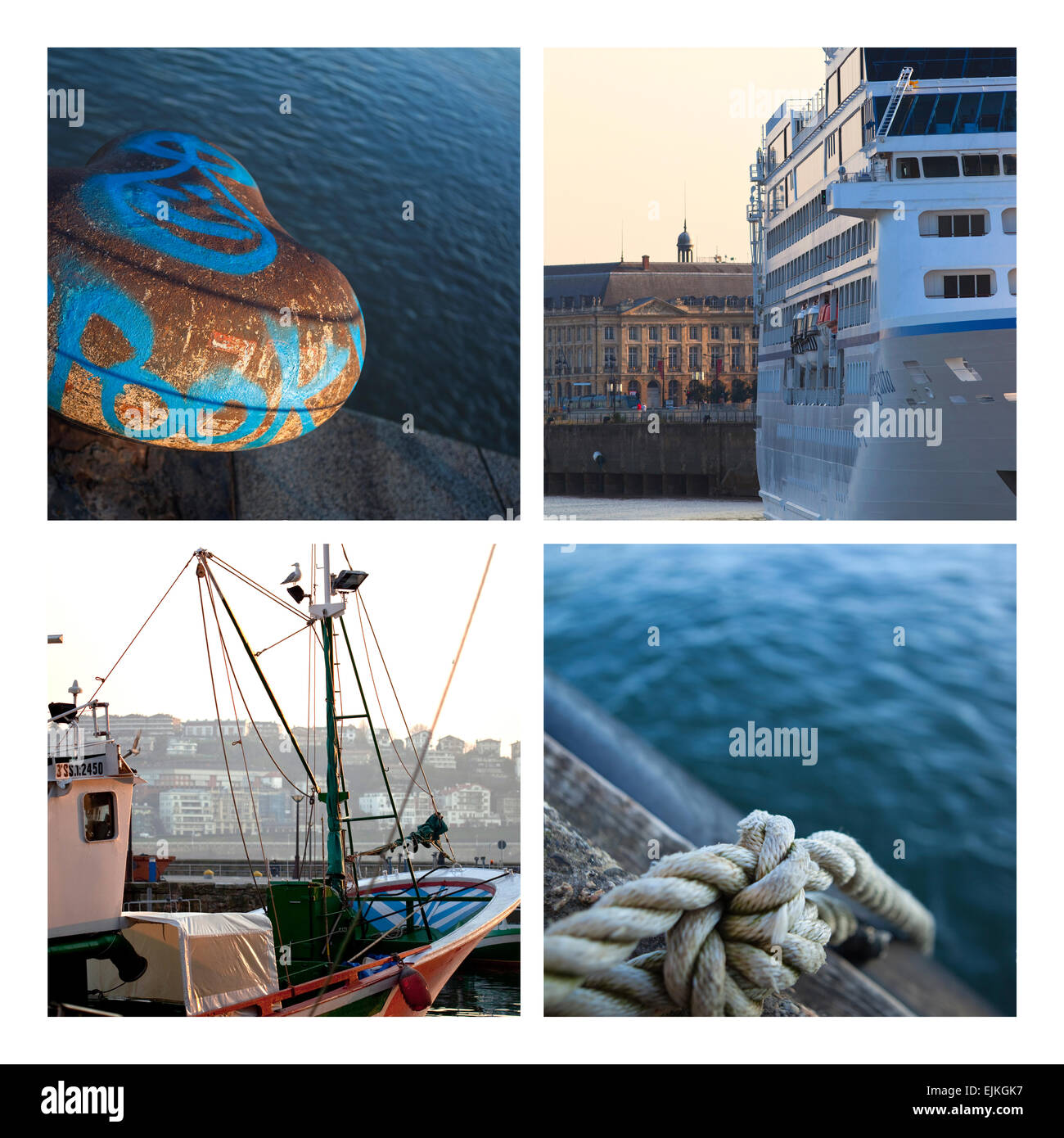Collage di varie navi e porti europei Foto Stock