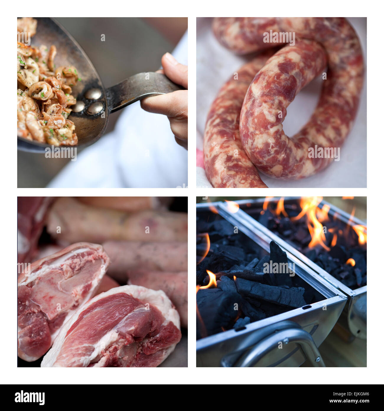 La cottura della carne di maiale e la salsiccia in una cucina Foto Stock