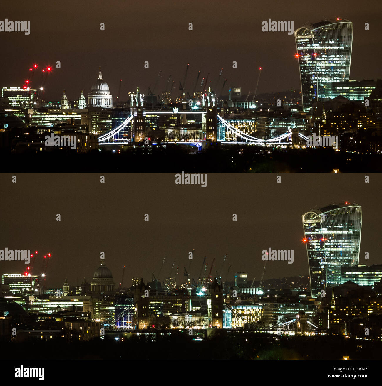 Londra, Regno Unito. 28 marzo, 2015. La foto in alto mostra le luci accese, la foto in basso mostra ora della Terra con le luci spente. Earth Hour si spengono le luci su Londra City Credit: Guy Corbishley/Alamy Live News Foto Stock