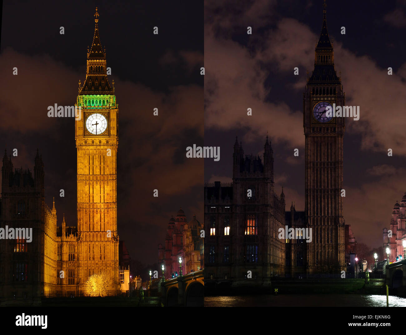 Londra, Regno Unito. Il 28 marzo 2015. Le luci di posizione spente sul Big Ben e le Camere del Parlamento durante EARTH HOUR 2015 a Londra, Inghilterra Credito: Paul Brown/Alamy Live News Foto Stock