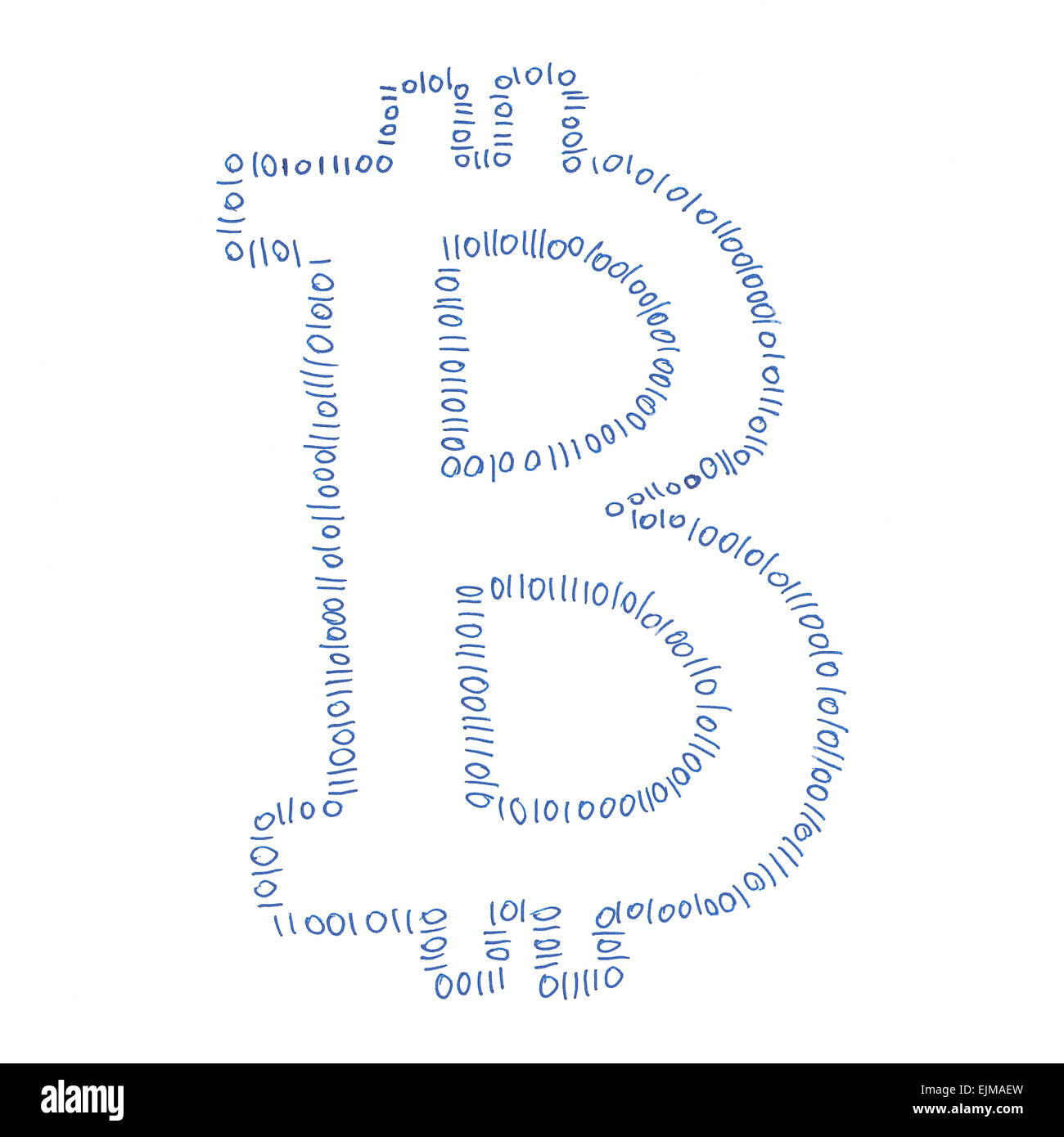Digital Bitcoin simbolo, disegno a mano di un digitale cryptocurrency decentralizzata, lettera b su sfondo bianco. Foto Stock
