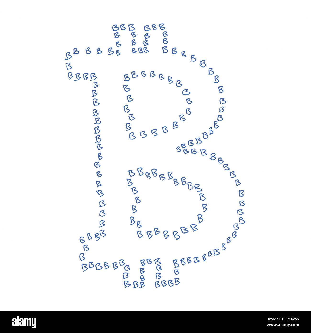 Simbolo Bitcoin, fatta a mano di disegno di un decentramento digitale crypto moneta, lettera b su sfondo bianco. Foto Stock