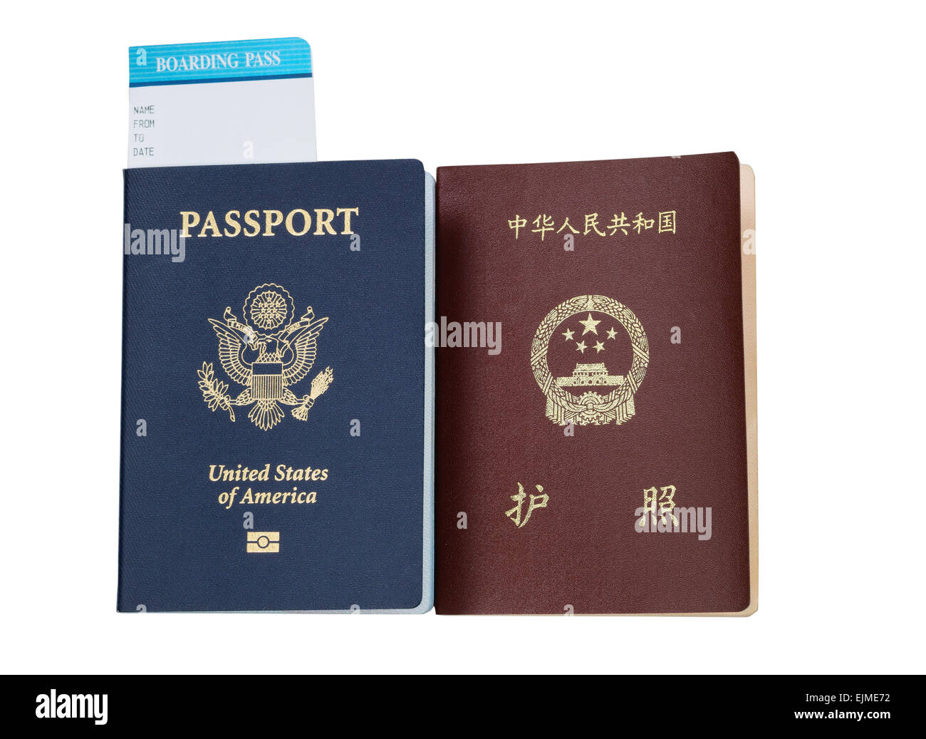 Stati Uniti e Cina passaporto e carta di imbarco isolati su sfondo bianco. Foto Stock